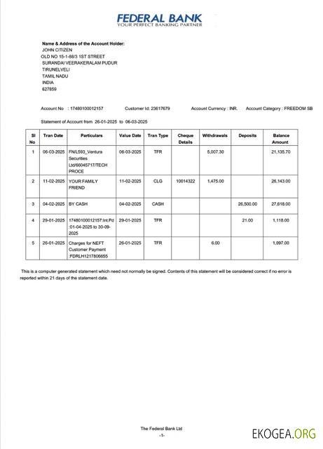 Modèle Word et PDF de relevé de compte de la Banque fédérale d'Inde, version 2